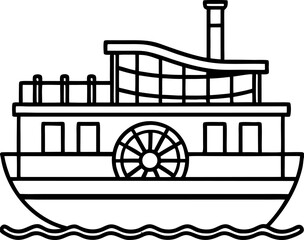 Decorative Line Art of Paddle Wheel Boat Isolated Vector Illustration, Minimal Line Drawing of Traditional Steamboat, Hand Drawn Riverboat Outline, Nautical Paddle Boat Line Art Vector