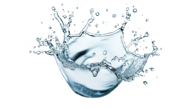 A clear glass bowl filled with water splashing dramatically. creating a beautiful display of droplets in mid-air against a plain white background. perfect for fluid dynamics