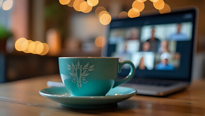 A coffee cup with people interact on laptop screen, video call session, enjoying virtual meeting - coffee break, digital nomad, remote work, online communication, team bonding concept