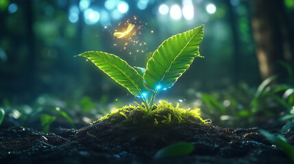 Whimsical Forest Scene: Glowing Fireflies amidst Exotic Ferns and Twinkling Woods on Warm Earthy Background