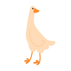 Flat simple standing goose with long neck and webbed feet, isolated on white. Suitable for kids content, farm themes, and animal projects