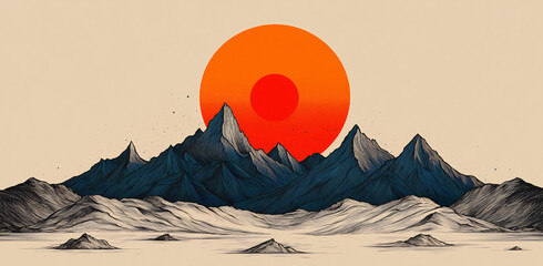 Vibrant Sunrise Landscape with Majestic Mountains, Serene Terrain, and Abstract Background Elements in a Stunning Vector Illustration