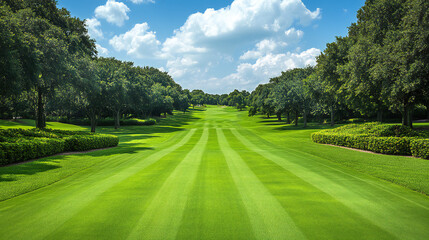 Serenene Golf Fairway Landscape View with Gentle Hills, Lush Green Grass, and Blue Skies in a Country Club Setting for Relaxation and Nature Escapes