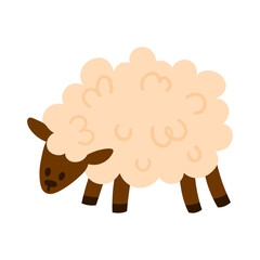 Fluffy sheep with curly wool and head lowered as if grazing. Simple flat style, isolated on white. Great for farm, livestock, and nursery projects