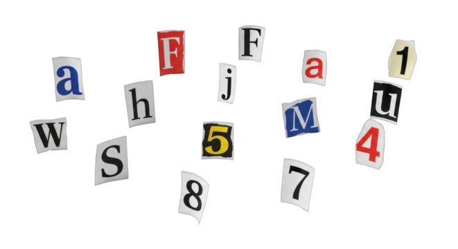 Cutout Letters and Numbers: Ransom Note Style Typography.