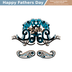 3D Doodles Line Art Happy Fathers Day, Manuscript text calligraphy shaped in to a blue big men hat and moustache. Illustration for greeting cards, invitations, and all prints on demand. Not AI.