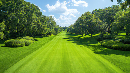 Serene Country Club Oasis: Lush Golf Fairway Landscape View with Rolling Hills, Breezy Vegetation, and Warm Natural Lighting