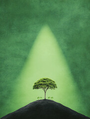 Natural Tree Planting Scene with Seedlings and Greenery on Earthy Background, Capturing the Serenity of Nature and Renewal Process