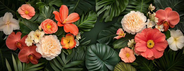 Dense Bloom of Tropical Flowers Against Dramatic Dark Green Leaf Background with Exotic Patterns and Colors, Asian Inspiration and Tropical Foliage