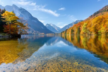 Obraz premium Tranquil lake reflection with autumn forest and alpine mountains