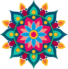 Decorative Rangoli Design in Multiple Vibrant Colors Vector Illustration, Minimal Line Drawing of Traditional Rangoli Pattern, Hand Drawn Festival Rangoli Outline, Cultural Celebration Rangoli Line 
