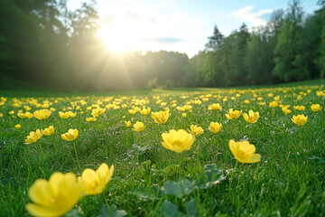 IDYLIFIC LANDSCAPE OF YELLOW FLOWERS AND GREEN GRASS UNDER GOLDEN HOUR SUNSET