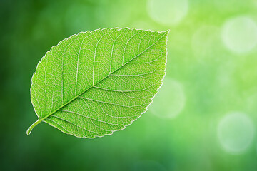 Natural Inspiration: Delicate Green Leaf on Soft Blur Background with Bokeh Effect and Seamless Copy Space for Textual Overlays