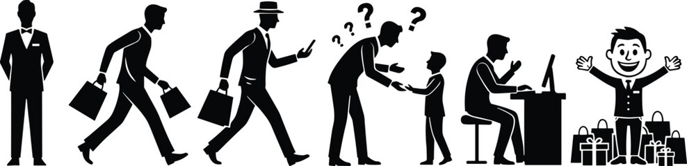 Silhouette, career, journey, progression, business, professional, worker, office, mentor, child, success, growth, development, posture, activity, body, pose, action, job, task, timeline