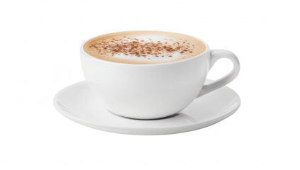 A perfectly crafted cappuccino served in a white ceramic cup on a matching saucer. a frothy top sprinkled with cocoa powder. ideal for a cozy caf? setting or a morning routine