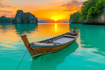 Idyllic Phang Nga Bay Sunset Scene: Wooden Boat on Pier, Tropical Waters, and Limestone Karsts in Phuket, Thailand