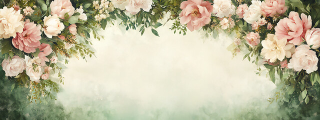Lyrical Abstract Floral Spring and Summer Background Featuring Fresh Greenery, Watercolors, and Soft Focus on Natural Textures