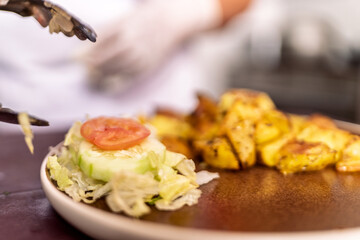 Chef plating fresh fried food with salad