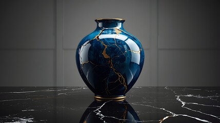 Vibrant indigo vase, intricate golden cracks glowing under refined studio light.