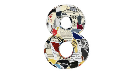 Number Eight Collage: Torn Paper and Musical Notes Design.