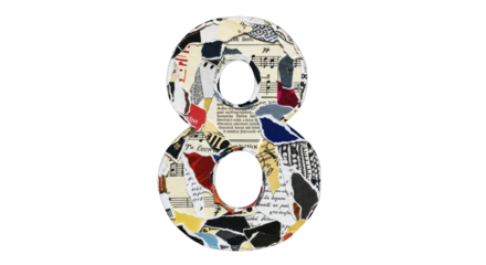 Number Eight Collage: Torn Paper and Musical Notes Design.