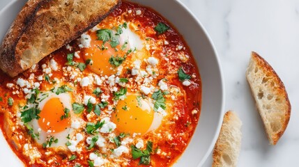 zesty shakshuka eggs in tomato pepper sauce