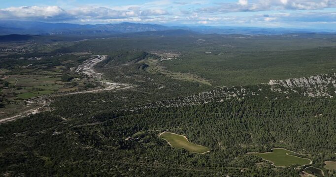 Panorama from the summit of Pic Saint Loup to the Hortus. Herault department, Occitania, France.