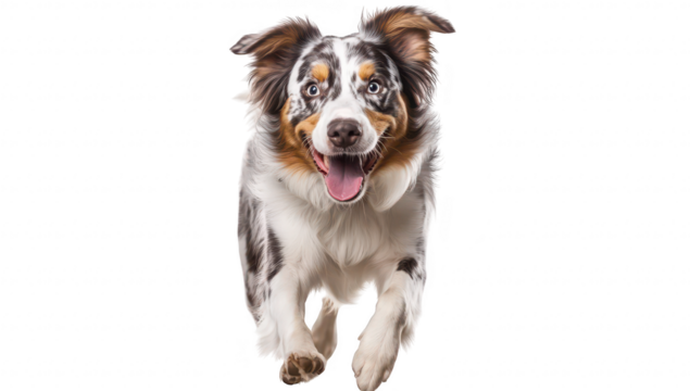 A playful Australian Shepherd dog joyfully running towards the camera with a expression. set against a clean white background. ideal for pet-related content or marketing