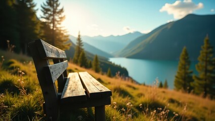 A weathered wooden park bench sits on a grassy hill overlooking a serene mountain lake at sunset.