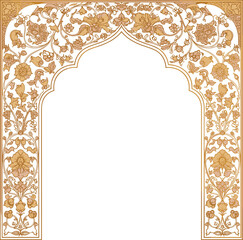 Ornate floral archway with gold vine patterns, Mughal-inspired architecture, symmetrical design, cultural heritage, traditional motif, decorative vector, elegance, illustration