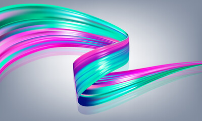 Abstract 3D brush stroke in vibrant teal and magenta. A glossy liquid ribbon shape with its reflection, perfect for a modern poster or cover