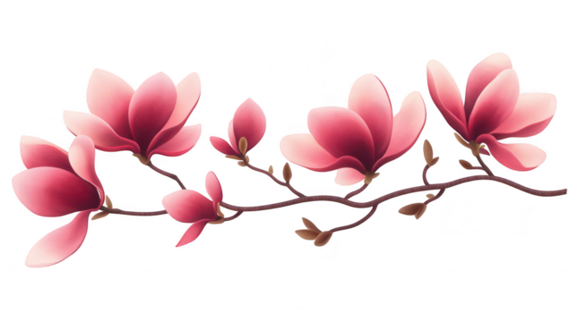 A delicate arrangement of pink magnolia flowers gracefully extending along a slender branch against a clean white background. perfect for spring-themed designs or floral decorations