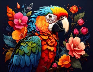 Colorful parrot surrounded by flowers
