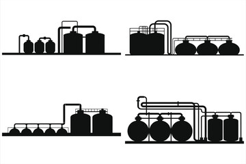 Water Treatment Plant Diagram - Industrial Water Filtration System, Water Purification, Black and White Vector Illustration
