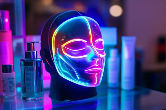 Futuristic neon face mask with skincare products on display
