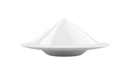 A minimalist white ceramic dish with a conical lid placed elegantly on a flat plate. its sleek design against a plain background. ideal for culinary presentations or table settings