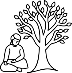 Minimal line art of villager sitting under tree isolated vector, Rural lifestyle illustration, Folk village scene artwork, Traditional outdoor activity line drawing vector