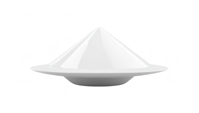 A minimalist white ceramic dish with a conical lid placed elegantly on a flat plate. its sleek design against a plain background. ideal for culinary presentations or table settings