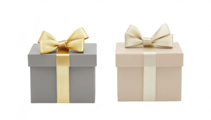 Two elegantly wrapped gift boxes. one in soft gray with a golden ribbon and the other in light beige with a cream ribbon. set against a clean white background. ideal for holiday or celebration themes