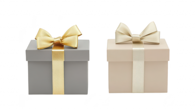 Two elegantly wrapped gift boxes. one in soft gray with a golden ribbon and the other in light beige with a cream ribbon. set against a clean white background. ideal for holiday or celebration themes