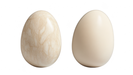 Two beautifully crafted eggs. one with a marbled texture and the other smooth. displayed side by side against a clean white background. the artistry in egg design and potential for decorative use