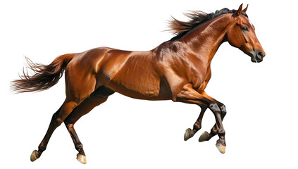 A majestic brown horse galloping gracefully across a bright white background. its powerful physique and mane flowing in the wind. ideal for equine-themed projects or advertisements