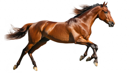 A majestic brown horse galloping gracefully across a bright white background. its powerful physique and mane flowing in the wind. ideal for equine-themed projects or advertisements