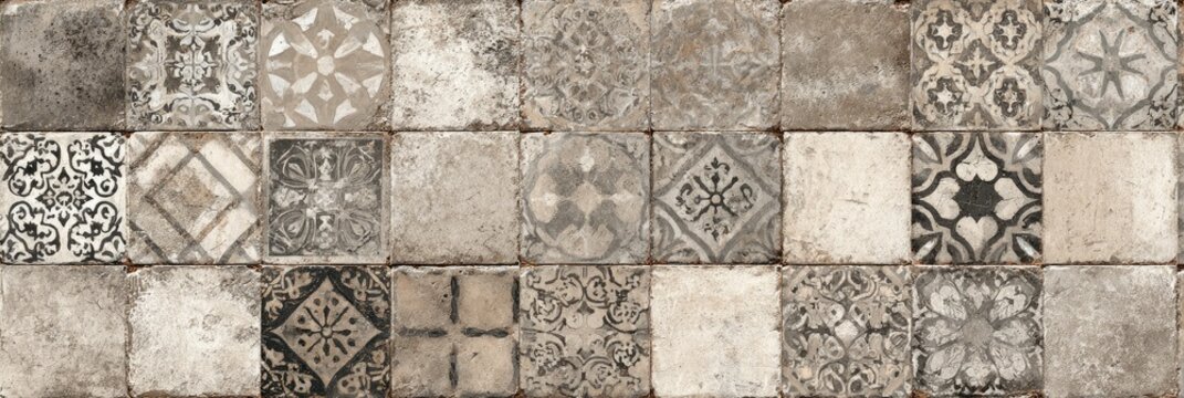 A patchwork of square tiles displays various neutral-toned, distressed floral and geometric patterns
