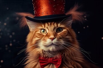 A distinguished ginger Maine Coon cat gazes directly at the viewer, adorned with a sparkling top hat and a smart red bow tie