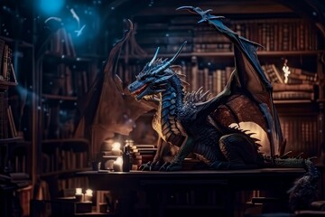 A majestic blue dragon perches on a table amidst a magical library.