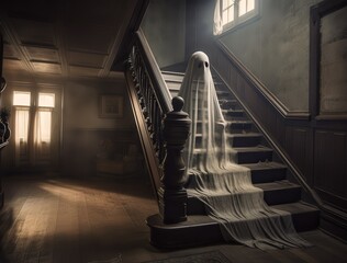 Sheet ghost figure standing eerily on an old wooden staircase in atmospheric house.