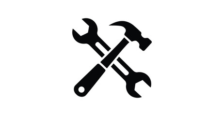 Crossed wrench and hammer icon in black silhouette, symbolizing tools, repair, construction, maintenance, and mechanical functionality