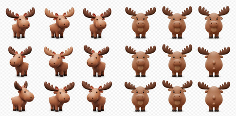 A collection of cute 3D cartoon moose characters rendered in various poses with brown fur and large antlers.