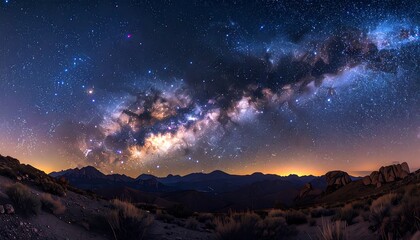 Fototapeta premium Panoramic night sky with Milky Way over mountains